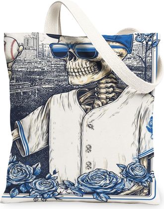 Generic Vintage Skeleton Canvas Tote Bag, Artistic Floral Design Reusable Grocery Bags, Lightweight Washable Shoulder Strap Tote Fo, Blue, 13x15 Inch