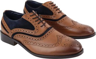 House of Cavani Mens Retro Oxford Navy Suede Brogue Shoes in Tan Leather