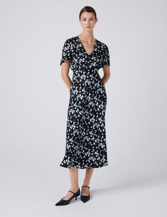 Ghost London Elizabeth Floral Satin Midi Tea Dress in Black Floral at Nordstrom, Size 16