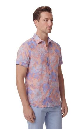 Lords of Harlech Uomo Springtime Short Sleeve Fine Linen Shirt in Springtime Pink at Nordstrom, Size X-Large