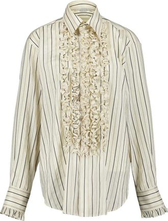 Stella McCartney Gestreepte zijden overhemd met ruchedetails - Dames - Overhemden - Beige - XS - Polyester - Overhemden