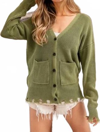 Bibi Vintage Washed V-Neck Sweater Cardigan In Vintage Olive