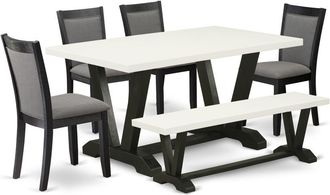 East West Furniture V626MZ650-6 6 Pc Dinette Set - Linen White Table with Dining Room Bench and 4 Dark Gotham Grey Chairs - Wire Brushed Black Finish