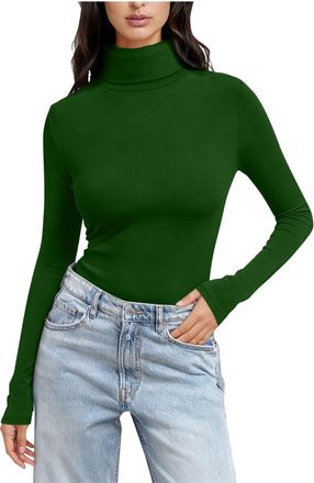 Generic Long Sleeve Top Women Ladies Turtle Neck Tops Base Layer Top Ladies Thermal Underwear Lightweight Slim Fit Jumpers Basic Undershirt Ribbed Tee Fall Wi
