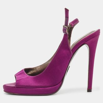 Roberto Cavalli Purple Satin Open Toe Platform Pumps