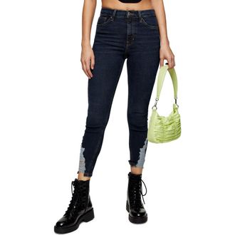 Topshop Jamie High Waist Ripped Hem Skinny Jeans in Blue Black at Nordstrom, Size 28