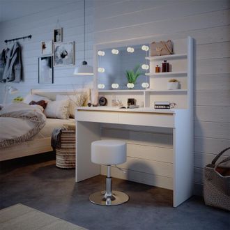 Vicco Tocador Emma, Blanco, 120 Cm Con Estante Con Espejo, Taburete E Iluminaci&oacute;n Led