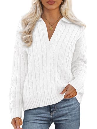 PrettyGarden Fall Cable Knit Oversized Sweaters for Women 2025 Polo V Neck Long Sleeve Casual Chunky Sweater Pullover Tops, White, M