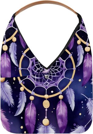 Generic Purple Dreamcatcher Feather Pattern Reusable Lightweight Grocery Bags - Foldable Into Compact Pouch, Washable & Sturdy, Multipurpose for Shopping and 