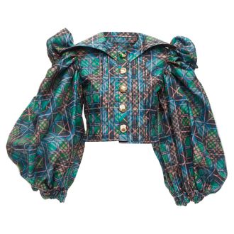 Chopova Lowena Chopova Lowena plaid tartan button puff sleeve crop shirt