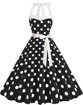 Generic Women Vintage 1950s Rockabilly Halter Neck Polka Dot Summer Swing A Line Midi Dress Cocktail Party Evening Prom Gown 1950s Vintage Cocktail Party Even