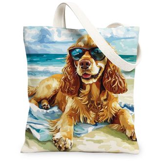 Generic Summer Greyhound Dog Canvas Tote Bag for Shopping 13x15, Watercolor Beach Coastal Puppy Reusable Grocery Print Bag for Women, Pet Beach Aesthetic Pain