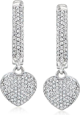 Ross-Simons Diamond Heart Hoop Drop Earrings in Sterling Silver