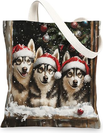 Generic Christmas Husky Dog Canvas Tote Bag for Shopping 13x15, Xmas Balls Window Puppy Reusable Grocery Print Pattern Bag for Women Men, Holiday Fun Aestheti