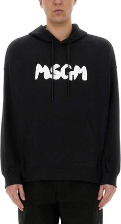 Msgm Black Hoodie With Spacious Hood And Graphic Logo