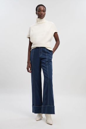 Karen Millen Womens Tencel Cotton Contrast Stitch Woven Straight Leg Trouser - Navy - Size 16 UK