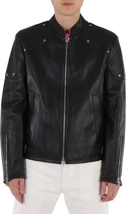 Roberto Cavalli Mens Black Studded Leather Jacket, Brand Size 48 ( US Size 38 )