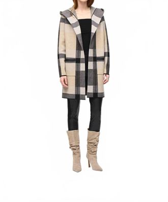 Joseph Ribkoff Brushed Jacquard Sweater Cover Up Hoodie In Black/oatmeal Melange/grey