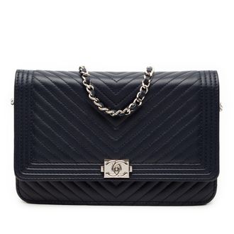 Chanel Pre-owned Womens Chevron Lambskin Boy Wallet On Chain - Dark Blue Leather - One Size