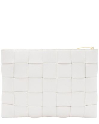 Bottega Veneta White Intrecciato Leather Cassette Medium Flat Zip Pouch (Authentic Pre-Loved)