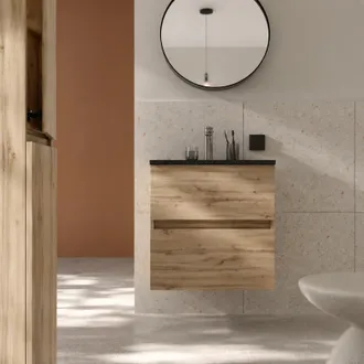 Aurlane Pack Mueble De Ba&ntilde;o 50cm Roble Natural 2 Cajones Con Lavabo Negro