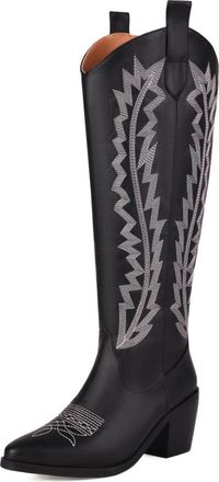 Generic Womens Knee-High Cowboy Boots With Metallic Embroidery Pointed Toe Chunky Block Heels Pull Tab Soft Inner Lining Durable Non-Slip Outsole Sleek Design