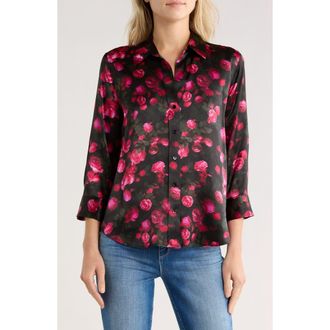L'agence Dani Rose Print Silk Button-Up Shirt in Black/Pink Rosa Chinensis at Nordstrom Rack, Size Xx-Large