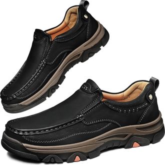 Generic Mens Loafers Business Dress Waterproof Leather Shoes, Lightweight Breathable Mens Slip-on Casual Oxford Shoes for Wedding Travel Hiking 10 Black