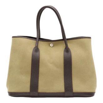 Herm&egrave;s Dark Brown Khaki Canvas Leather Handbag Tote Bag (Pre-Owned)
