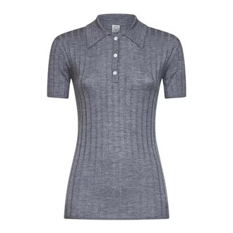 Toteme Tops, Dames, Grijs, S, Leer, Ribbed Cashmere Silk Polo