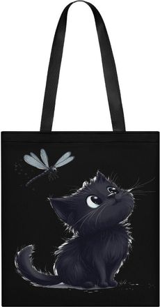 Generic Black Fluffy Cat Dragonfly Tote Bag for Women Men Shoulder Bags Purses Pouch Handbags