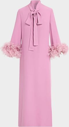 Valentino Garavani Feather-Trim Silk Crepe Long-Sleeve Midi Dress With Neck Scarf