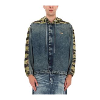 Diesel Denim Jackets, male, Blue, Size: L Camouflage Panel Denim Hooded Jacket