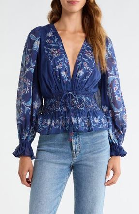 Farm Rio Winter Loom Peasant Top in Winter Loom Blue at Nordstrom, Size X-Large