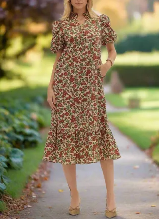 Entro Fall Garden Floral Puff Sleeve Midi Dress In Ecru