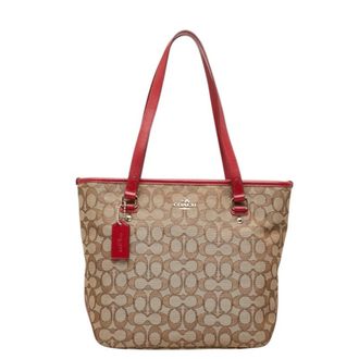 Coach Beige Red Color Canvas Leather Handbag Tote Bag (Pre-Owned)