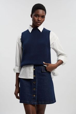 Karen Millen Womens Denim Button Front Mini Skirt - Indigo Blue Cotton - Size 12 UK