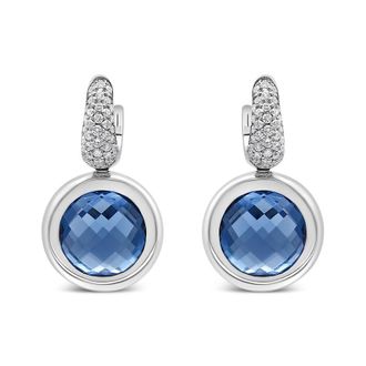 House of Brilliance 18K White Gold Bezel Set 11mm Blue Topaz and 1/2 Cttw Invisible Set Diamond Bale Dangle Earrings