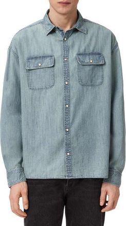 AllSaints Gribbs Cotton Denim Snap-Up Shirt in Faded Indigo at Nordstrom, Size Xx-Large