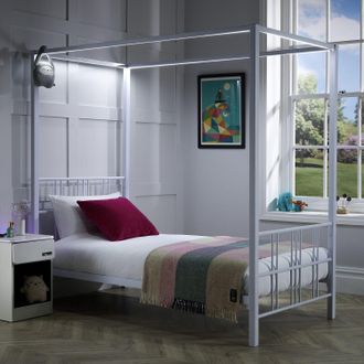 X Rocker Fern Four Poster Bed, Metal Bed Frame with LED Lighting in White | Size: Double