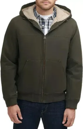 Levi's Bomber Jacket Mens Olive Canvas Sherpa Lined Hooded Full Zip GBO3001