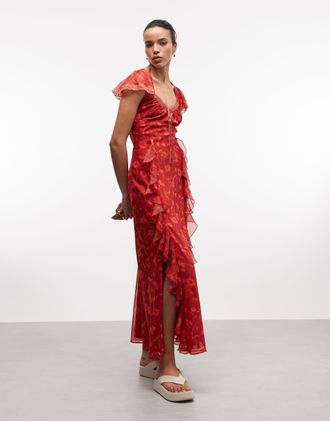 Reclaimed Vintage Vestito lungo godet rosso a fiori con volant e spacchi