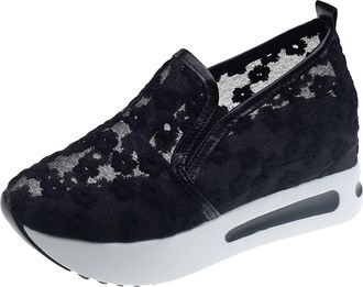 Generic Women Fashion Floral Embroidery Breathable Mesh Lace Up Comfort Thick Platform Casual Walking Footwear (Black, 4.5)