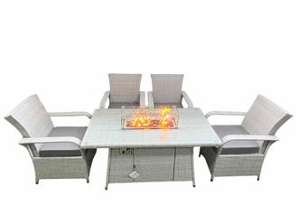 Fimous Outdoor Rattan Garden Furniture Set Patio 4 Chairs Plus Gas Fire Pit Table Sets Light Grey Mixed