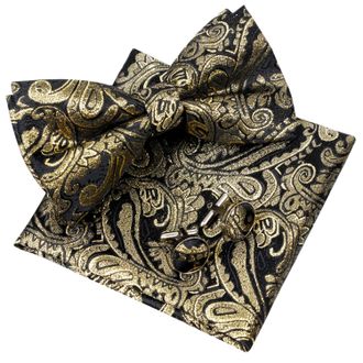Alizeal Mens Retro Paisley Pre-tied Bow Tie, Pocket Square and Cufflinks Set, Black+Gold