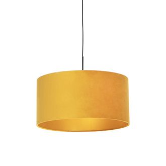 QAZQA R&uacute;stico L&aacute;mpara Colgante Negra Con Pantalla De Terciopelo Amarillo Con Dorado 50 Cm - Combi Textil /acero Cil&iacute;ndra /alargada /redonda Adecuado Para Le