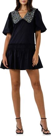 English Factory Floral Collar Minidress in Black at Nordstrom, Size X-Small