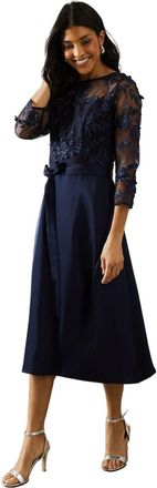 Wallis Occasion Satin and Mesh Overlay Fit and Flare Dress, 16, Navy