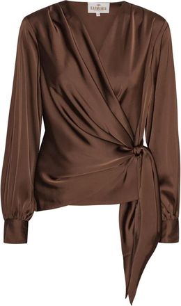 Karmamia Overhemden, Dames, Bruin, M, Satijn, Elegante Bruine Blouse met Asymmetrische Snit