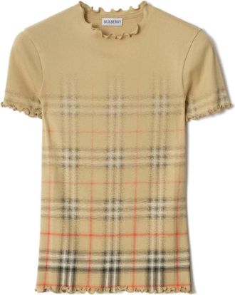 Burberry Check Stretch Katoenen T-shirt - Dames - T-shirts - Beige - S - Katoen - Tops